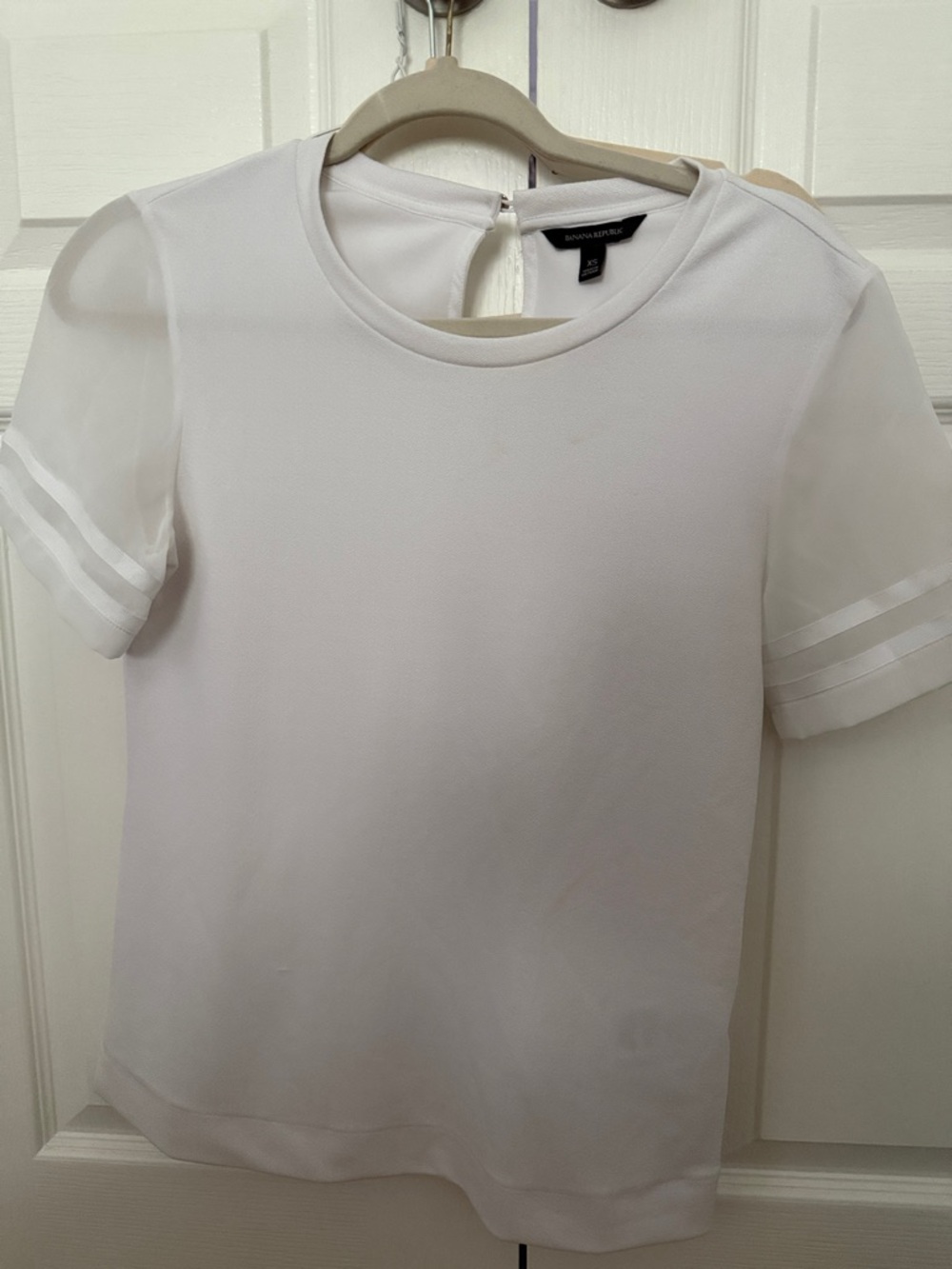 Banana Republic White Short-Sleeve Crewneck Blouse with Sheer Sleeve Stripes